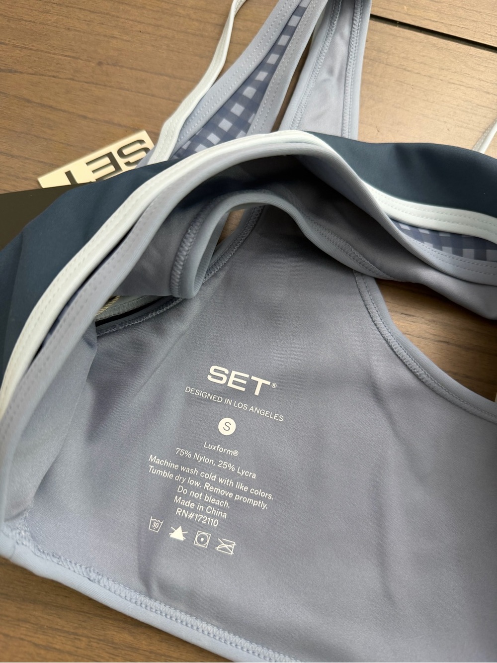 Set Active Luxform Lux Gingham Tempo Bra Blue Hammock Small BNWT Sold Out Gym - Picture 8 of 8